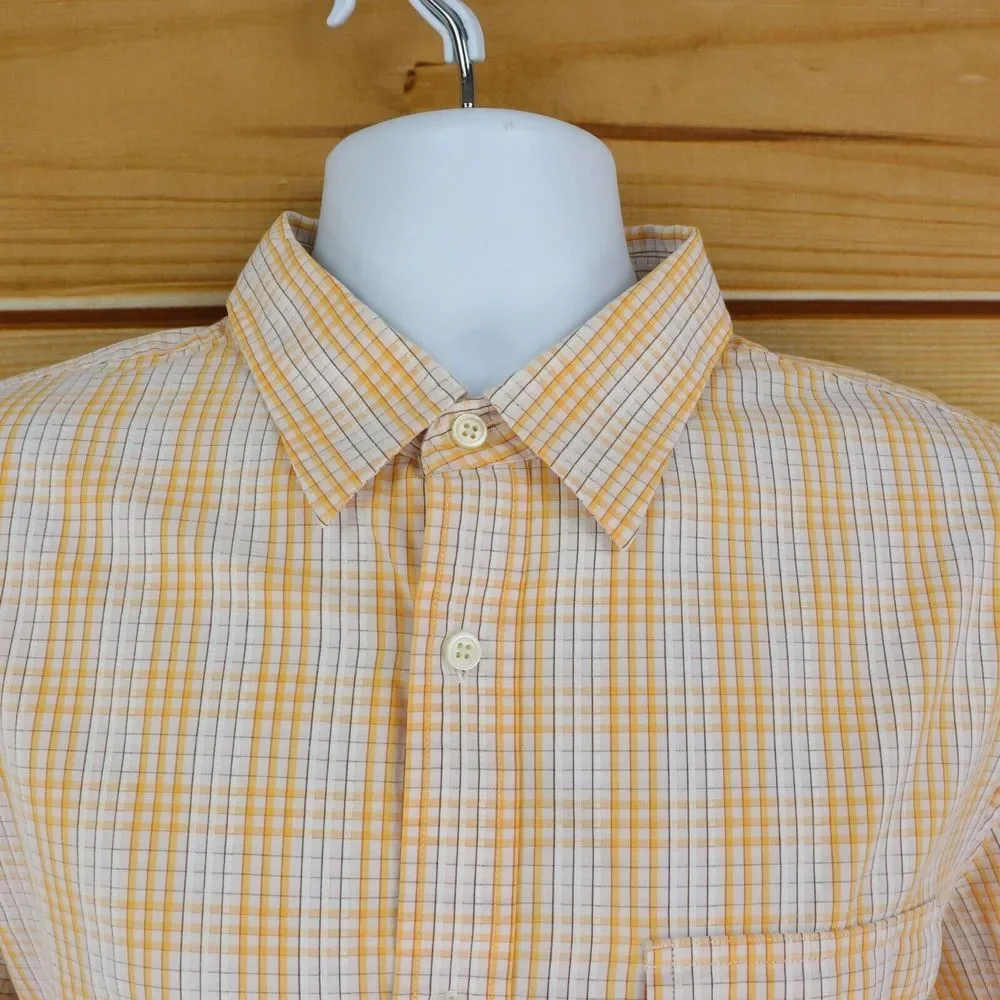 Banana Republic Dress Shirt Mens XL Orange Light Wash Plaid 100% Cotton‎ Pocket